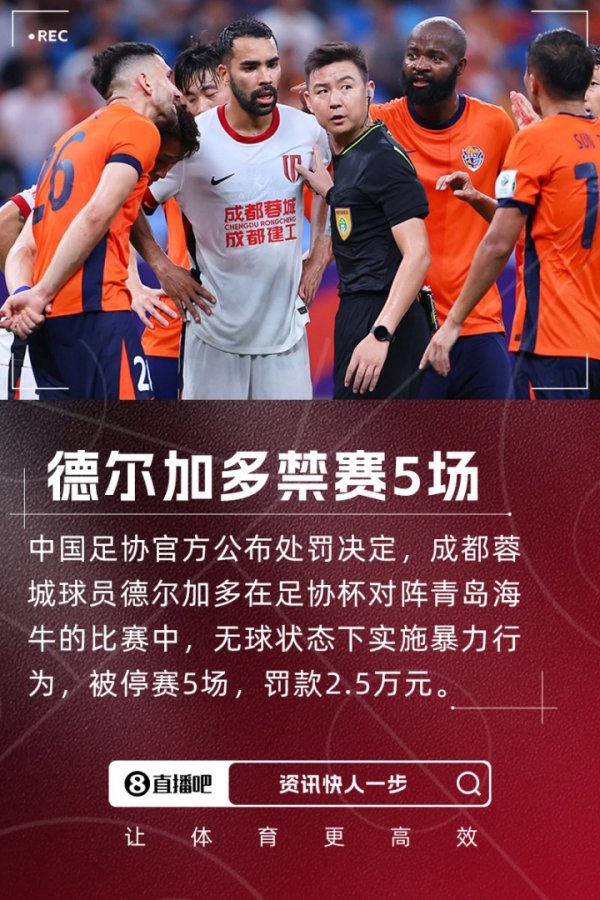 重罚!足协官方:德尔增多无球实施暴力活动,停赛5场罚金2.5万!