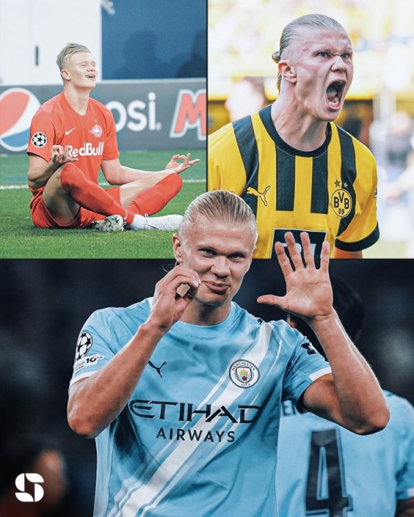 哈兰德在三家不同俱乐部兼并5场欧冠比赛进球，历史首东谈主